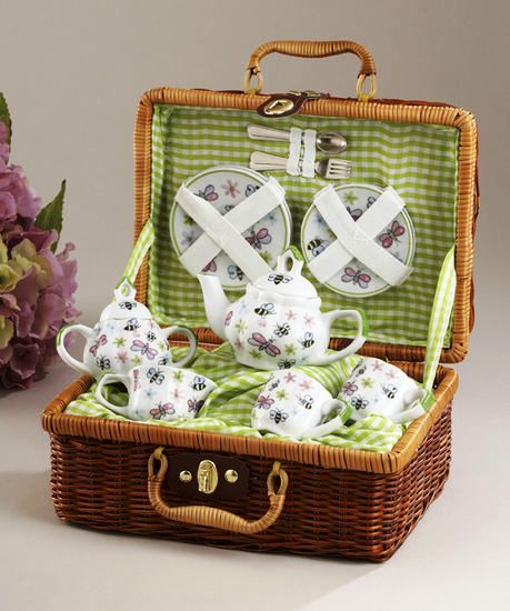 tea set in a basket